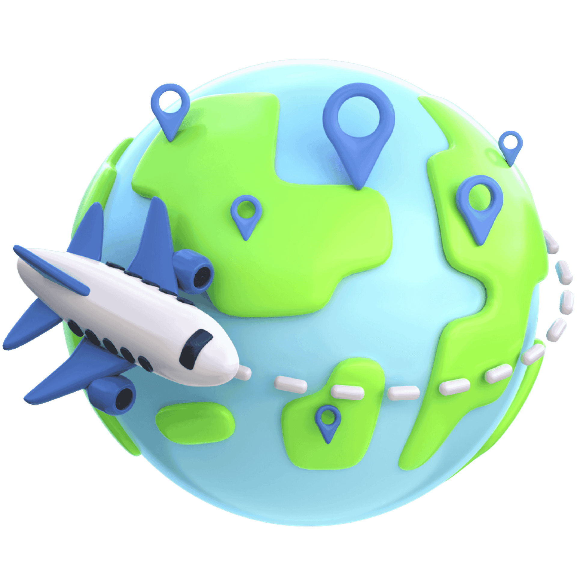 3D world map with pins and an airplane symbolizing global connections